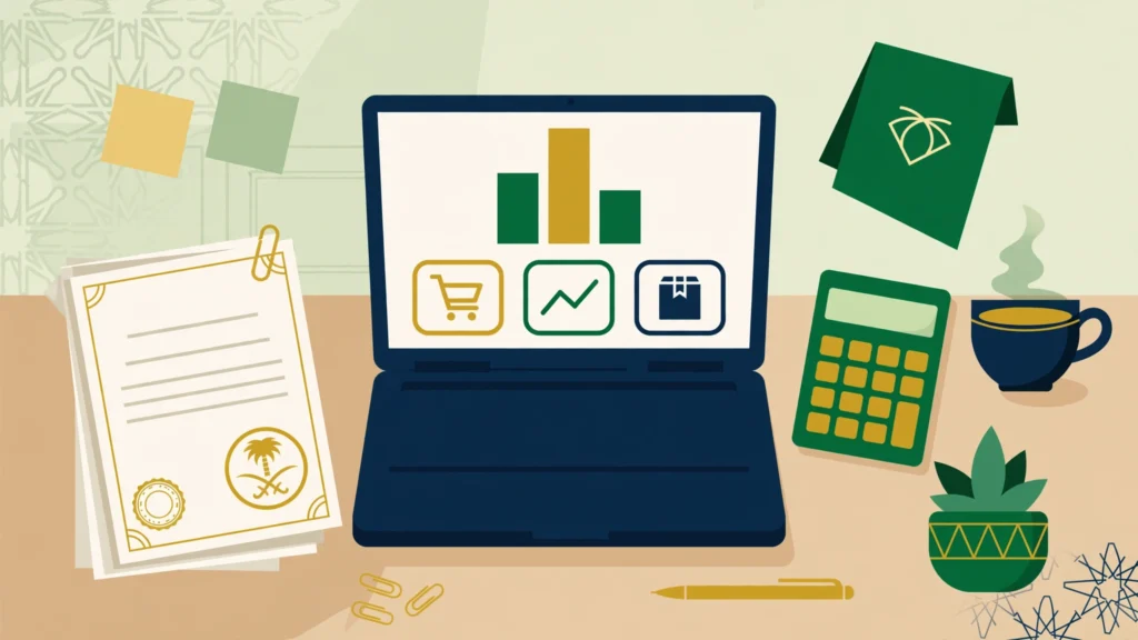 Setting up an ecommerce business in Saudi Arabia with commercial registration documents and a laptop